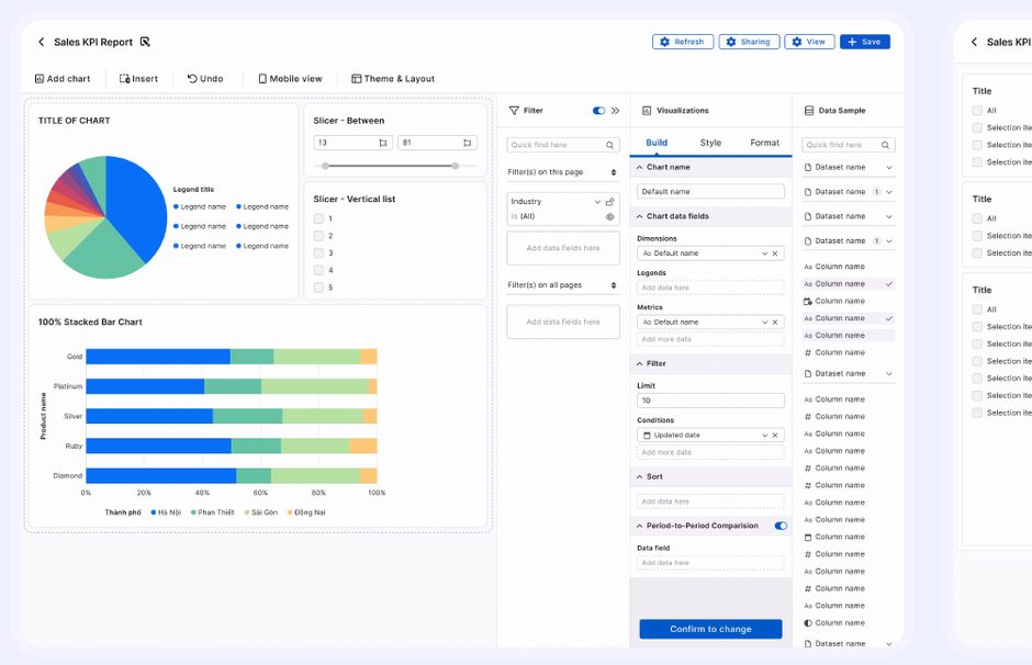 Data Suite report editor with a pie chart, stacked bars and chart settings