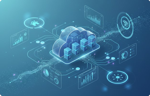 Isometric illustration of cloud servers on a circuit board