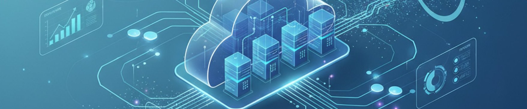 Glowing isometric cloud with server racks over a circuit board