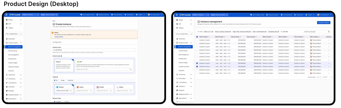 Two desktop screens: creating an instance and managing instances
