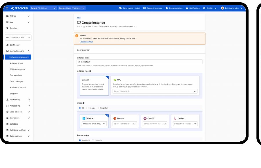 FPT Cloud console on a laptop, creating a new instance