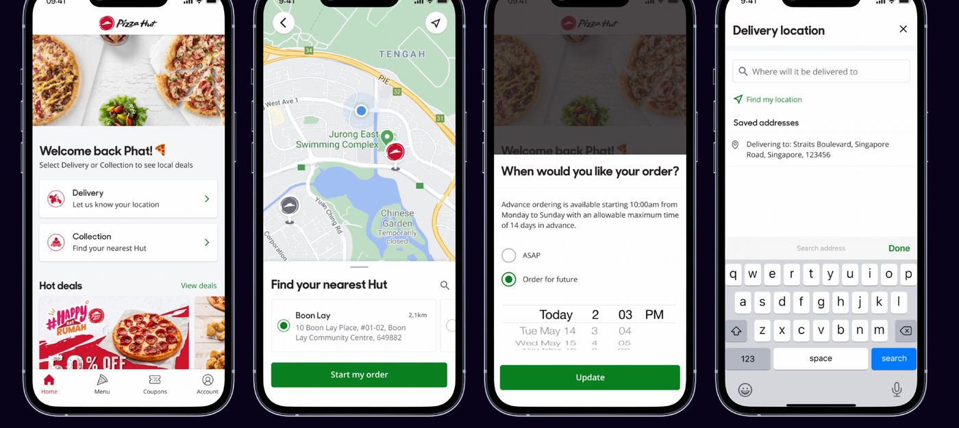 Four app screens: home, store finder, order time and delivery address