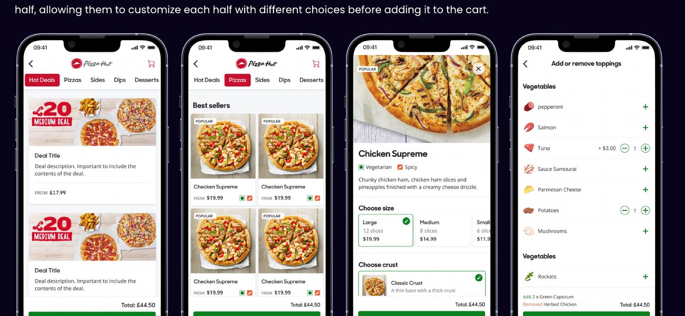 Four app screens: deals, pizza menu, pizza details and toppings