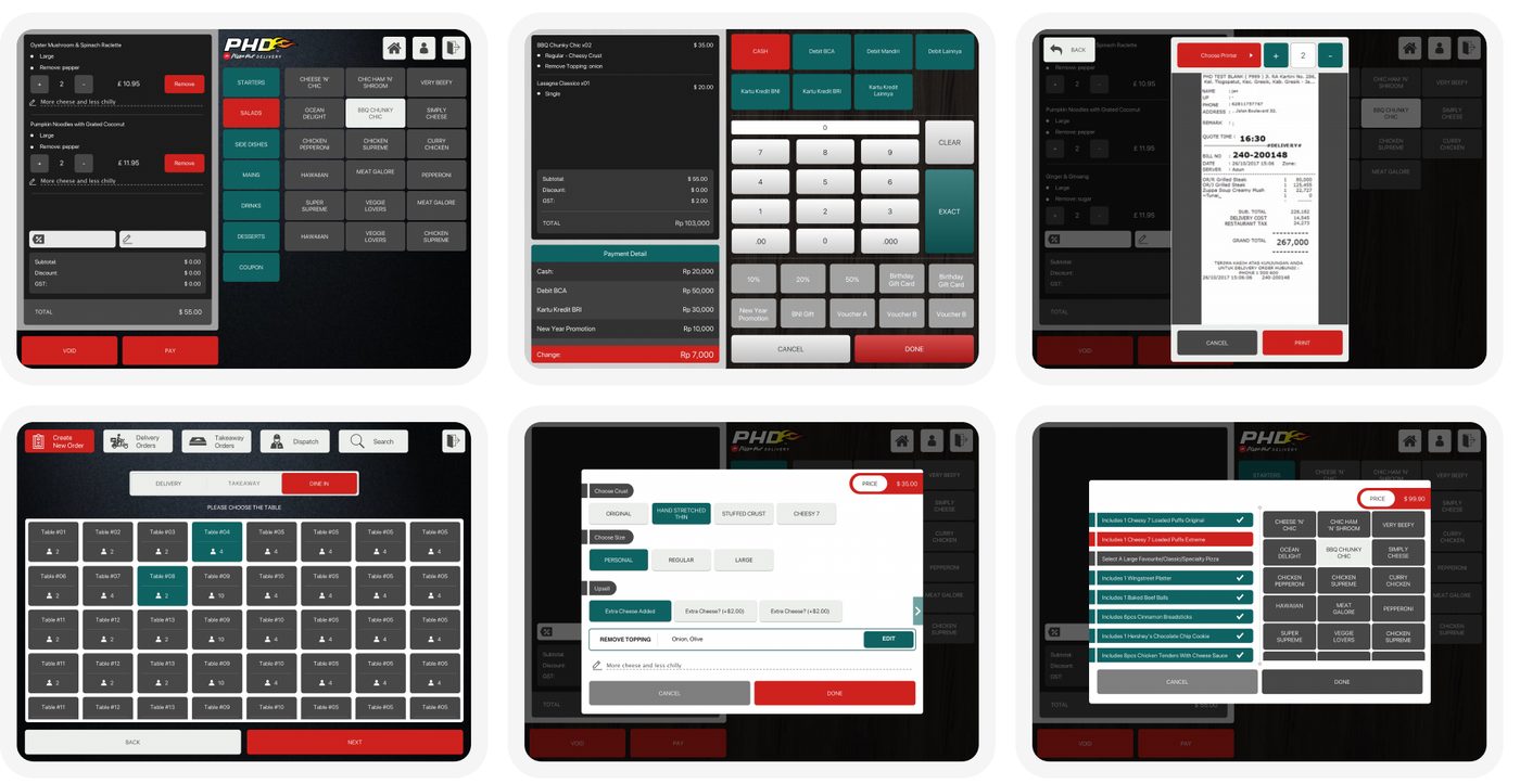 Tablet screens of the POS: order taking, menu and payment