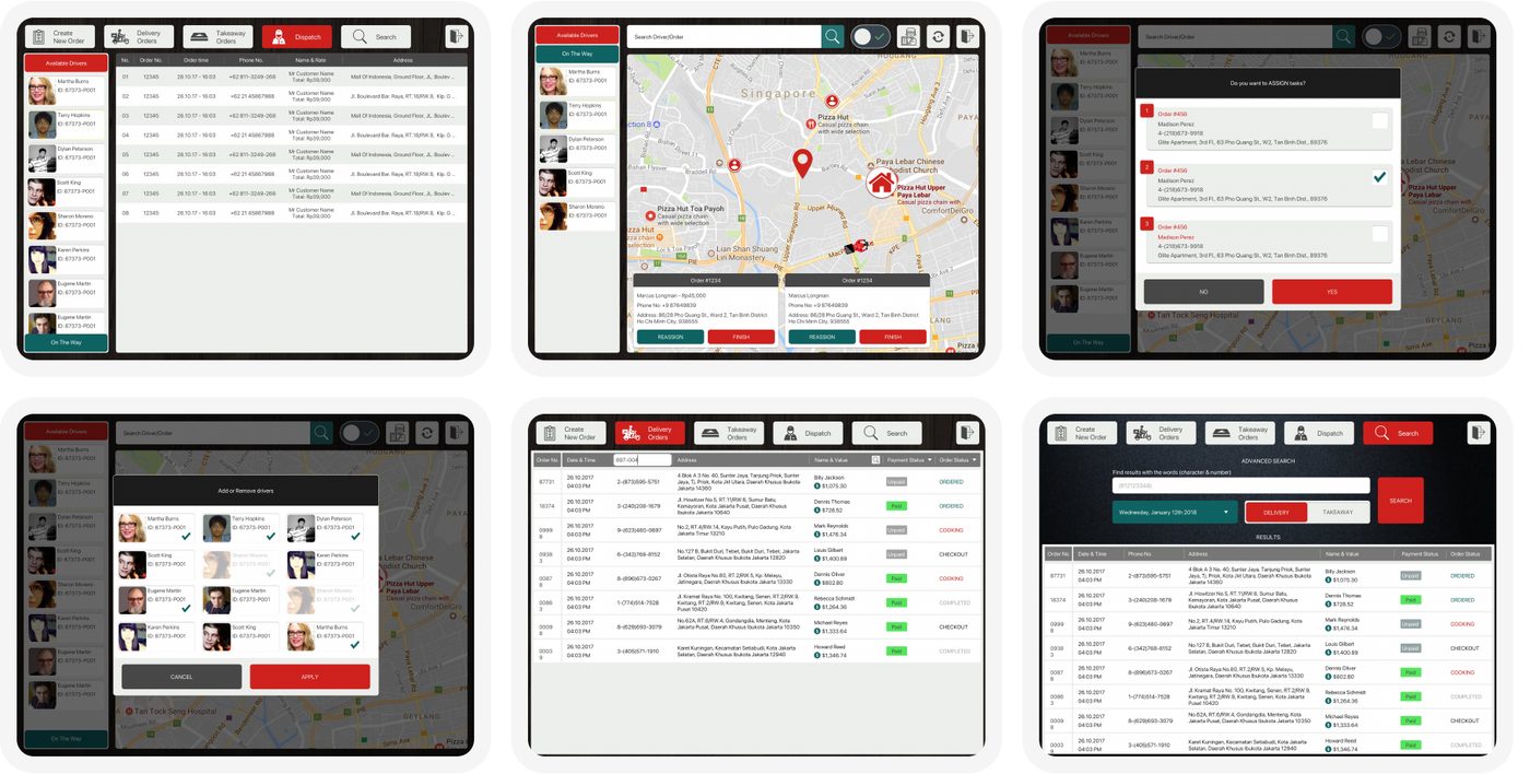 Tablet screens: order list, driver map and kitchen display