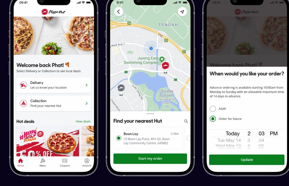 Three Pizza Hut app screens: home, store finder and order time