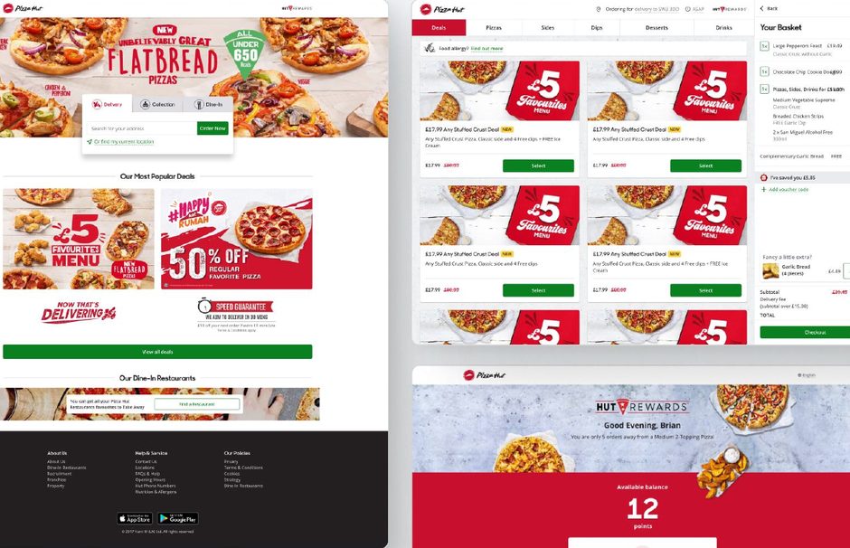 Pizza Hut ordering website: home page and deals menu