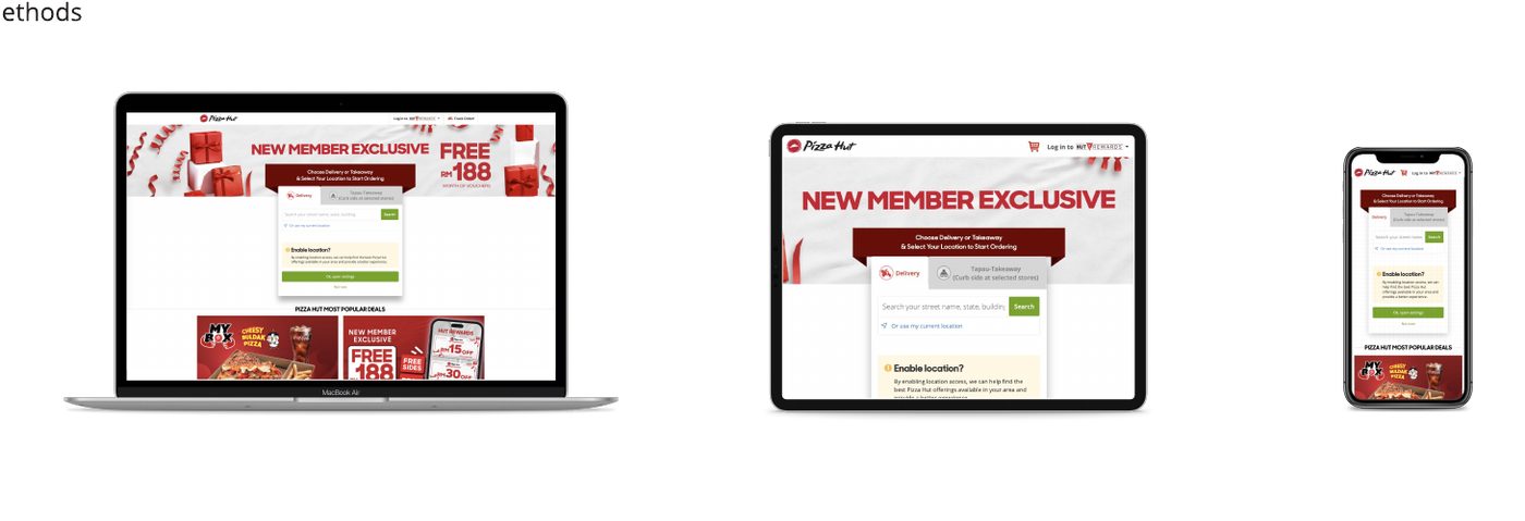 The ordering site on a laptop and a tablet, and the app on a phone