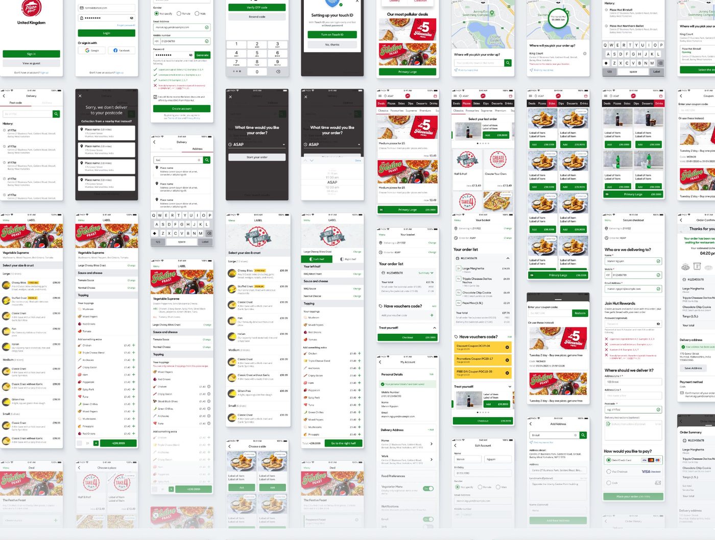 A grid of mobile app screens: login, deals, menu, pizza builder, cart and tracking