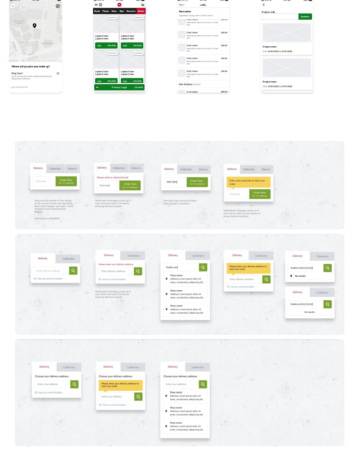 Wireframes of the home, store finder, menu and checkout screens