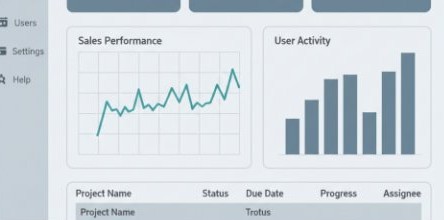 Old dashboard with a sales line chart, activity bars and a project table