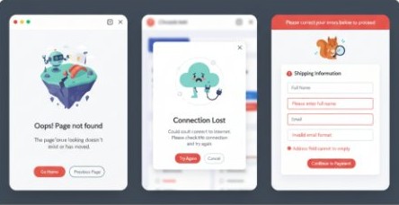 Three friendly error screens: page not found, connection lost, form errors