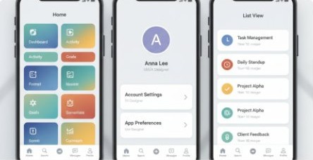 Three phone screens: home grid, profile settings and a task list